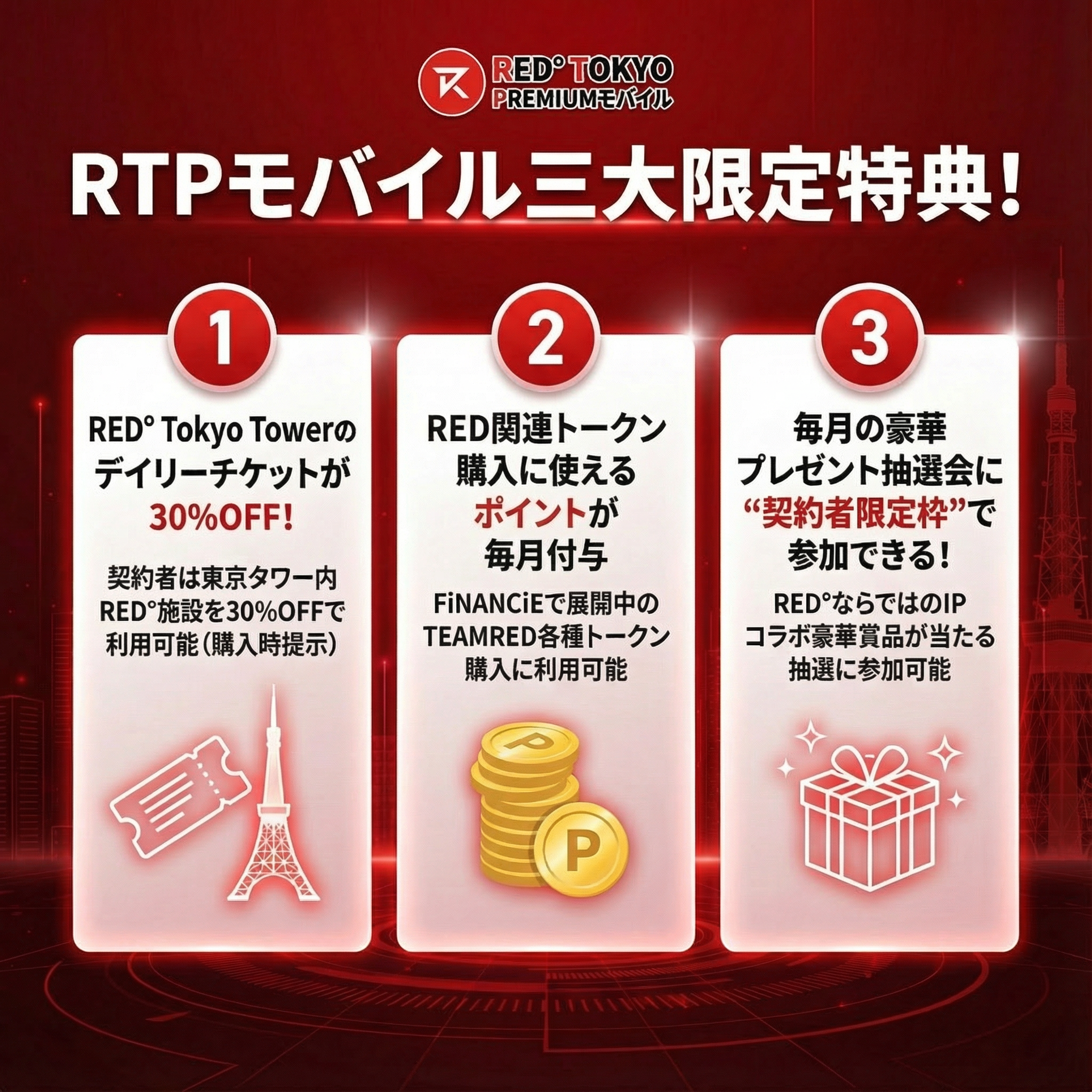 RTPモバイル三大限定特典！1.RED° Tokyo Towerのデイリーチケットが30%OFF 2.RED関連のトークン購入に使えるポイントが毎月付与 3.毎月の豪華プレゼント抽選会に契約者限定枠で参加できる